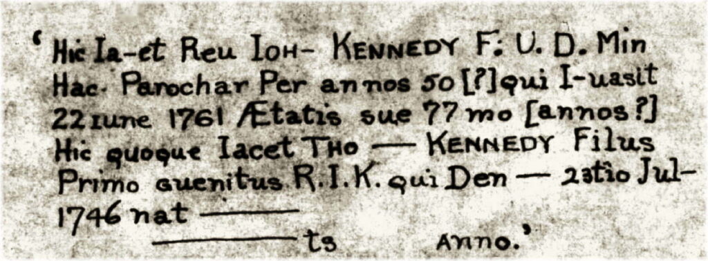 Gravestone inscription for the Rev. Robert Kennedy of Benburb (1683–1761); to illustrate the blog article, "Birth of Robert Kennedy of Carland, 22nd December 1683."