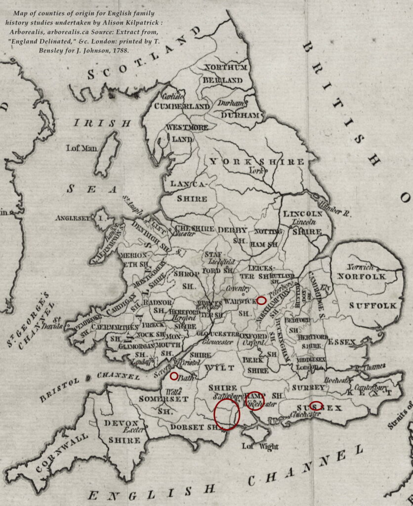 Map of counties of England in 1788, edited to show counties of origin for English family history studies undertaken by Alison Kilpatrick.