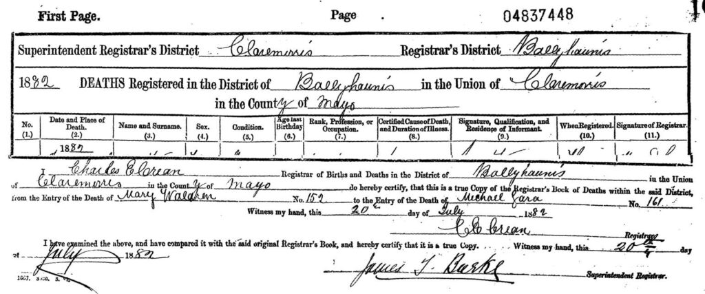 Image displays top and bottom of civil registration of death form used by the General Register Office of Ireland; to illustration this page, "Civil registrations of deaths for Burke in Claremorris."