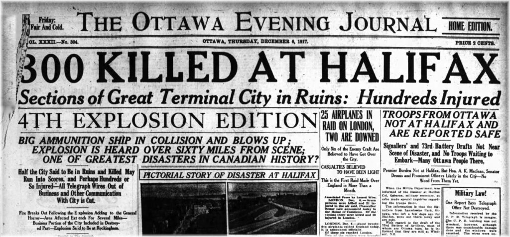 Headline of The Ottawa Evening Journal: 1300 Killed at Halifax. Article details the news about the Halifax Explosion, 6th December 1917.