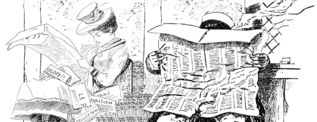 A 19th century picture of a lady and a working man, sitting on a bench, each reading a newspaper; used to highlight this section about historical newspapers : transcripts and extracts.