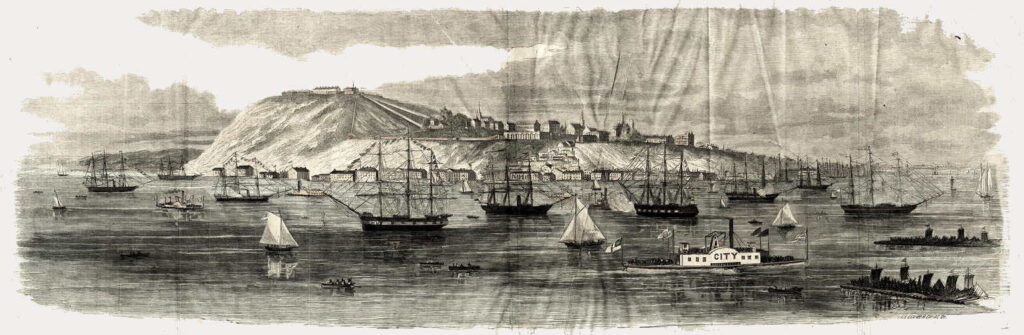 View of the City of Québec, the citadel, and the harbour, then the capital of the British Provinces of the Canadas. James Burke was stationed at Québec with the 39th regiment until his discharge in May, 1859.