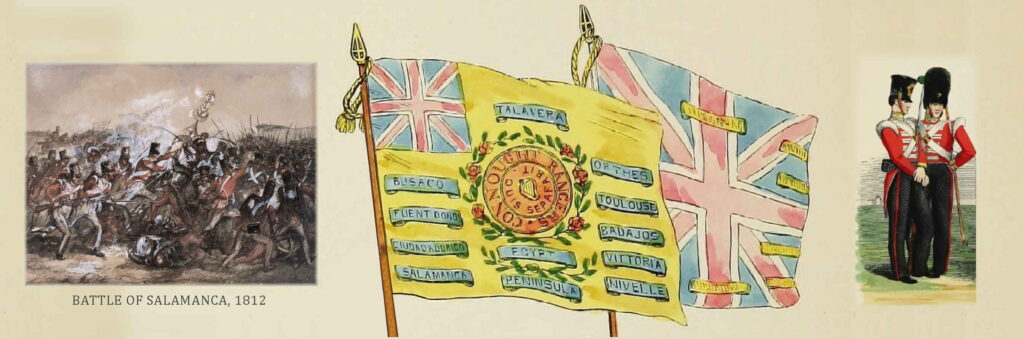Panel of images to illustrate the page entitled, "Burkes of Claremorris & environs in the British Army," includes: a small version of a painting of the Battle of Salamanca in 1812, the colours of the 88th Regiment of Foot, also known as the Connaught Rangers, and two 88th Foot soldiers in uniform.
