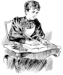 Sketch of woman in Victorian dress, sitting at a desk writing.