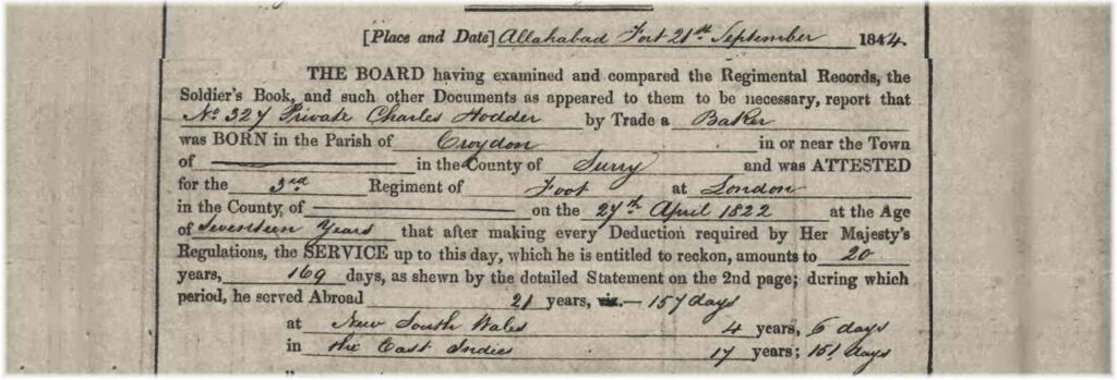 Part of the Regimental Board form, British Army service record, for Charles Hodder, dated 21st September 1844.
