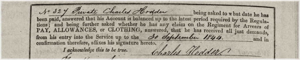 Signature of Charles Hodder, affixed to page 4 of his British Army service record on 30th September 1844.