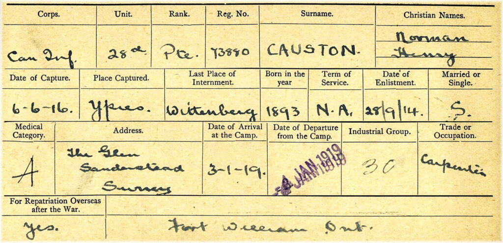 Card from the Canadian Expeditionary Force personnel file for Private Henry Norman Causton of the 28th (Northwest) Battalion; used to illustrate the page, "Transcripts from military service records."