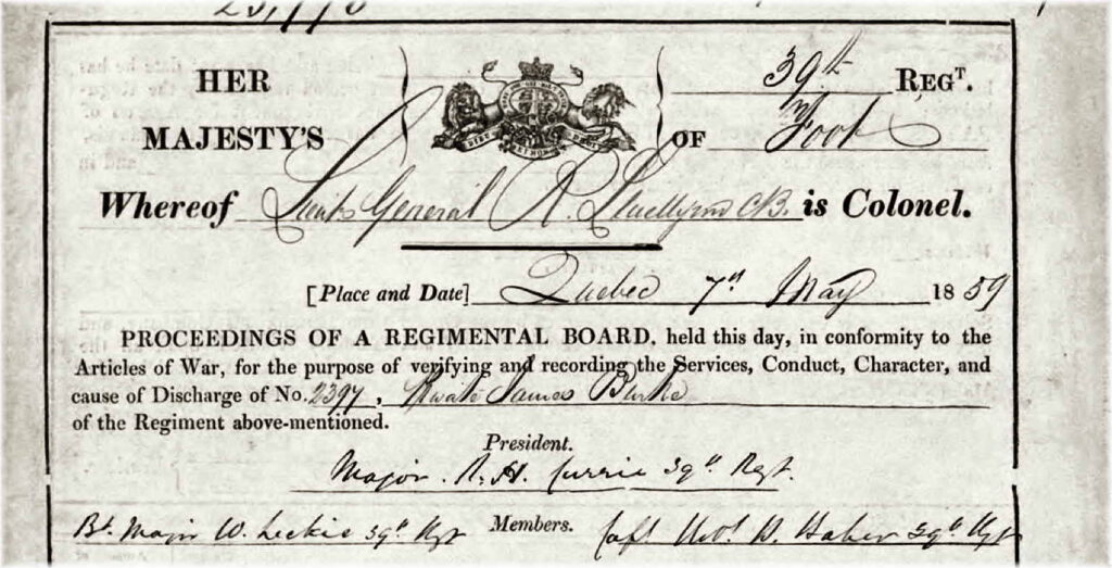 Top of Regimental Board form for James Burke, formerly Drum Major, now Private of the 39th Regiment of Foot.
