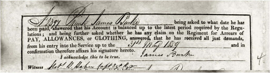 Signature of James Burke (1829–1860) on document recording his discharge from the 39th Regiment of Foot.