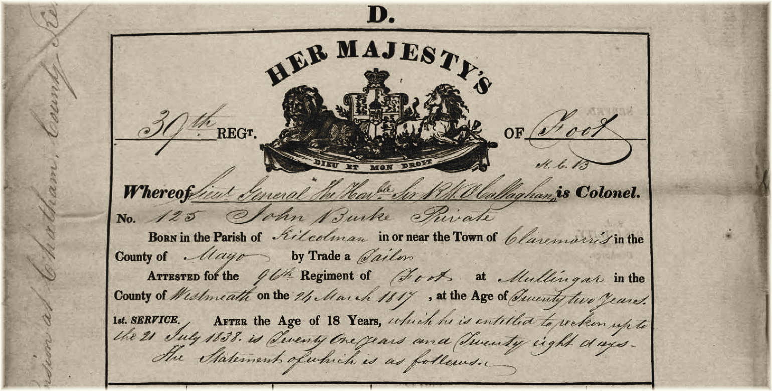 Top of Regimental Board form for John Burke, 39th Regiment, his British Army service record.