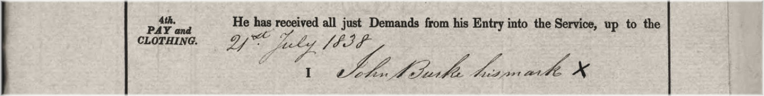 John Burke, 39th Regiment, British Army: Service Record: his mark (in lieu of a signature).