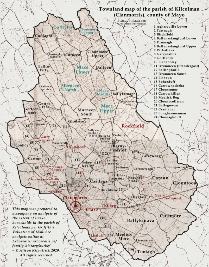 Townland map of the parish of Kilcolman (Clanmorris) in county Mayo, highlighting the Burke and Bourke households recorded by Griffith's ordnance survey team in 1856.