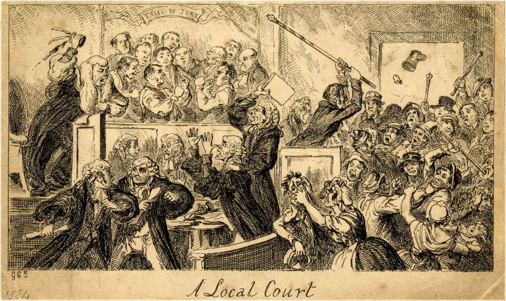 Title of drawing: A Local Court (1832), depicting magistrates, jury members, and people in attendance in an uproar; to illustrate the blog article entitled, "for the considerations therein mentioned."