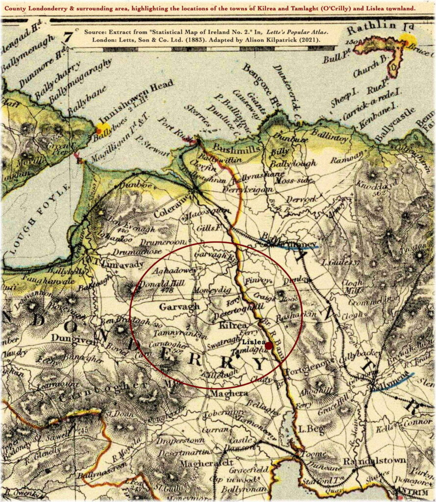 Extract of larger map entitled, "Statistical Map of Ireland No. 2," depicting the area in county Londonderry from which our Samuel Kilpatrick and Jane McKay emigrated.