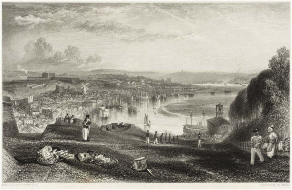 An artistic rendering of a view of Chatham, Kent in England, after Joseph Mallard William Turner (1774–1851).