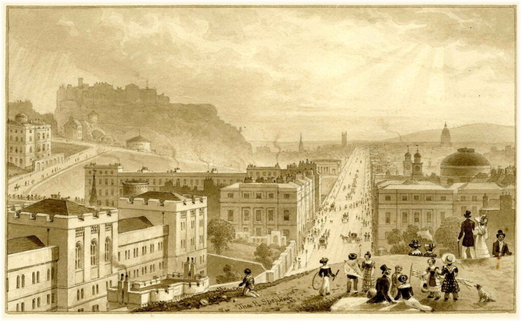 Engraving of a view of Edinburgh, from Calton Hill. The Rev. and Mrs. Pattison lived in Edinburgh during the early 1800s.