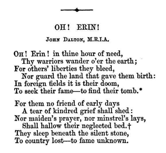 The poem, "Oh! Erin!" by John Dalton, to preface the blog article about John Burke, regimental tailor.