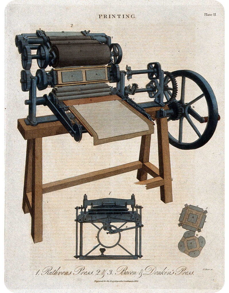 Blog post entitled, "Software upgrades driving modern printing press technology (again)." This image depicts a 200-year-old engraving by W. Lowry after a print made by John Farey in 1819 of a Bacon & Donkins printing press. Today the website is the modern printing press, and reach and readability are driven by software upgrades.