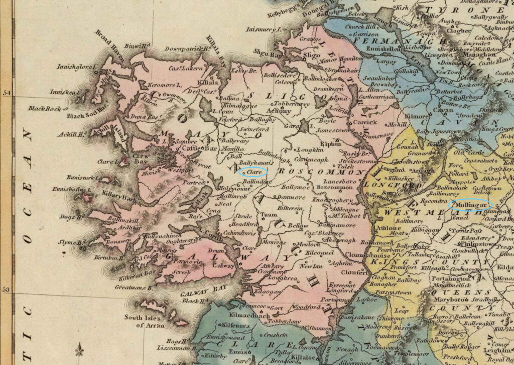 Map of Connaught or Connacht, 1823, a province in Ireland, highlighting the location of Clare (or Claremorris) in the county of Mayo.