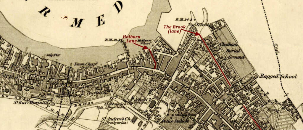 map-gilingham Residential locations for Mary McDonnell as shown in a map of the town of Chatham in County Kent, England, on the Medway, highlighting the locations of Holborn Lane and The Brook lane.