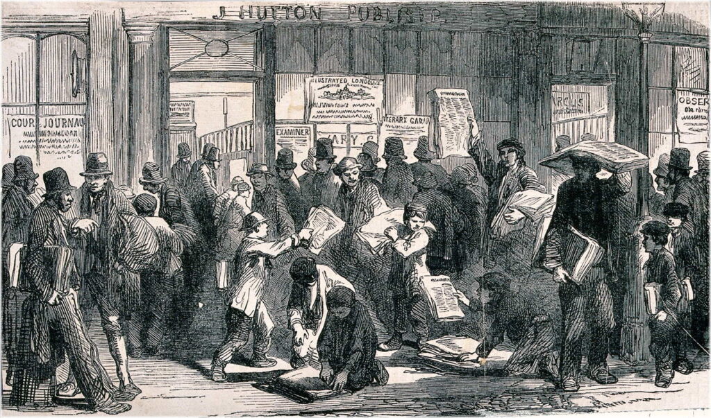 Image of young boys handing out newspapers to waiting crowds; used to illustrate the page, The Armagh Guardian, 1844-1845.