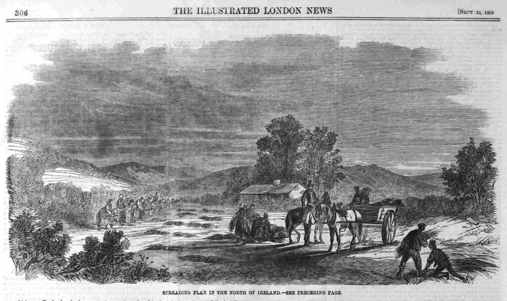 Drawing from The Illustrated London News, depicting the spreading of flax in the north of Ireland, published in 1859.