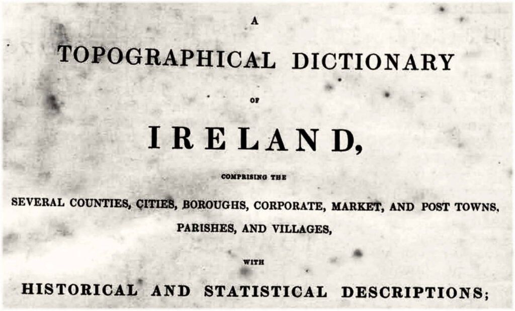 Topographical Dictionary of Ireland by Lews, 1837, with narrative entries and a map of southeastern county Mayo.
