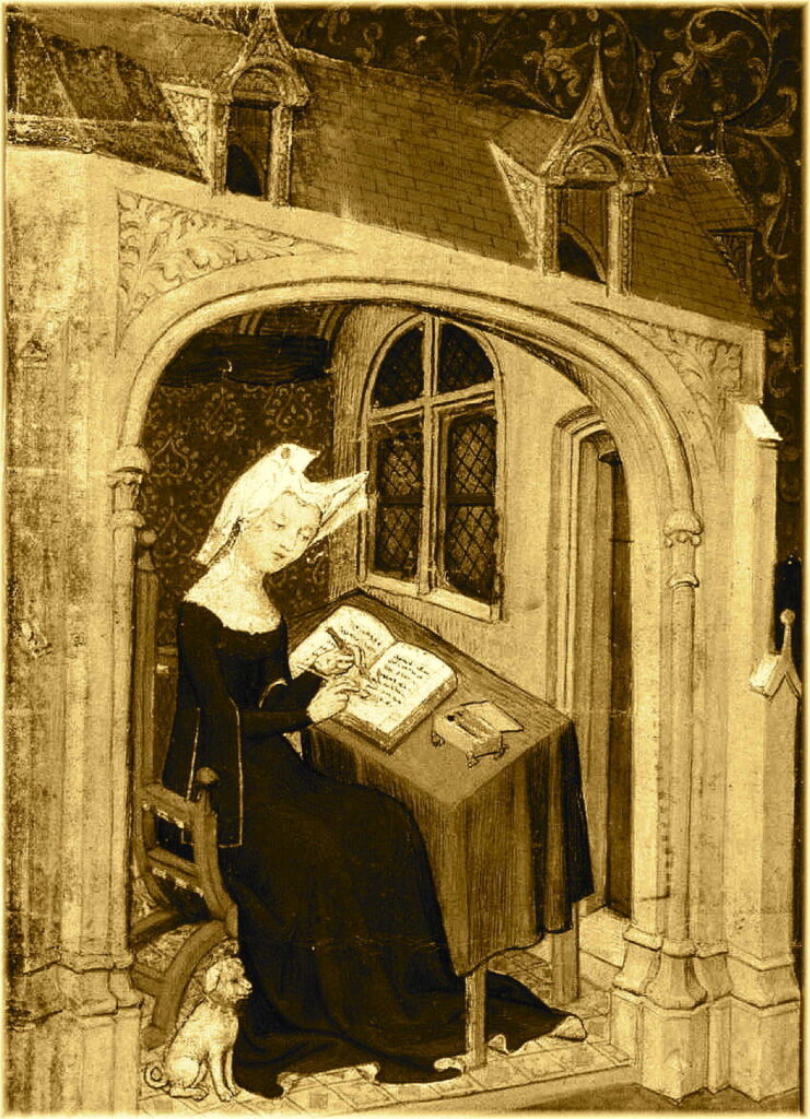 Illuminated image dated 1407, depicting Christine de Pizan inscribing or writing into her book.