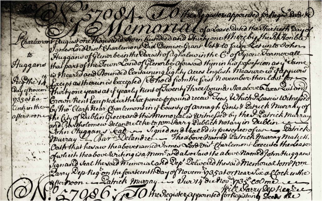 Digital image of Memorial no. 57084 (v.79, p.503), lease granted by Lord Charlemont to John Huggins of Glenarb townland, county Tyrone.