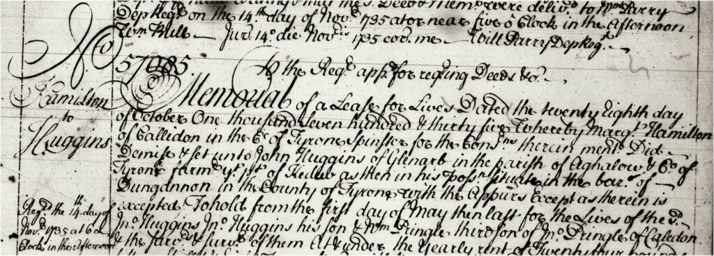 Part of Memorial no. 57085 (volume 82, page 81), lease granted in Kedew townland by Margaret Hamilton of Caledon to John Huggins of Glenarb.