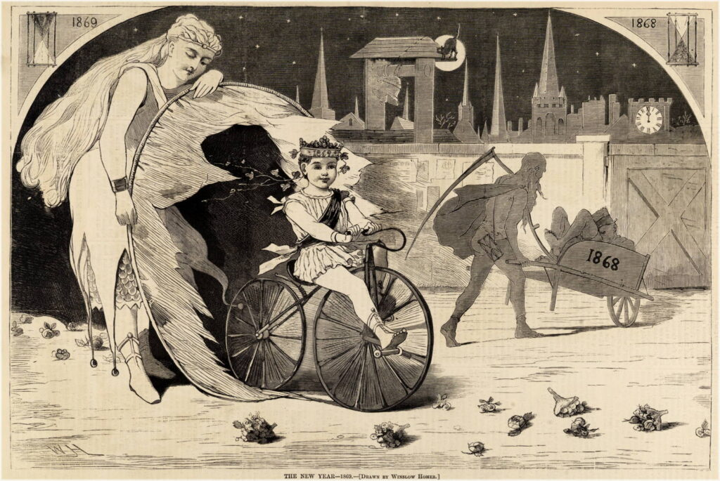 2024 New Year's Day Reader: engraving of Winslow Homer's "The New Year—1869," depicting a child being guided on a bicycle, while the grim reaper carts away the corpse of the year, 1868.