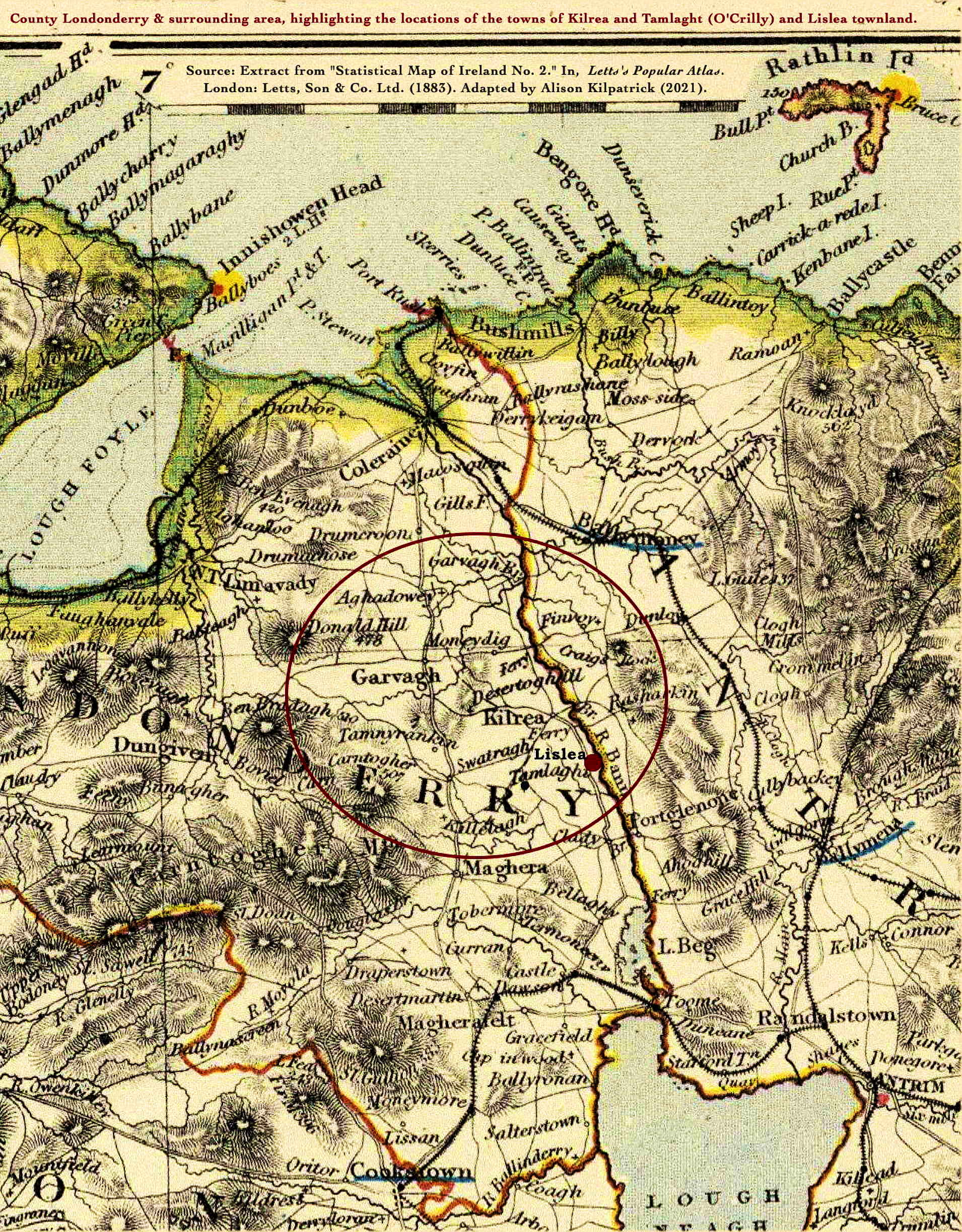 Extract from Letts's statistical map of Ireland, depicting towns in the counties of Derry and Antrim alongside the river Bann.