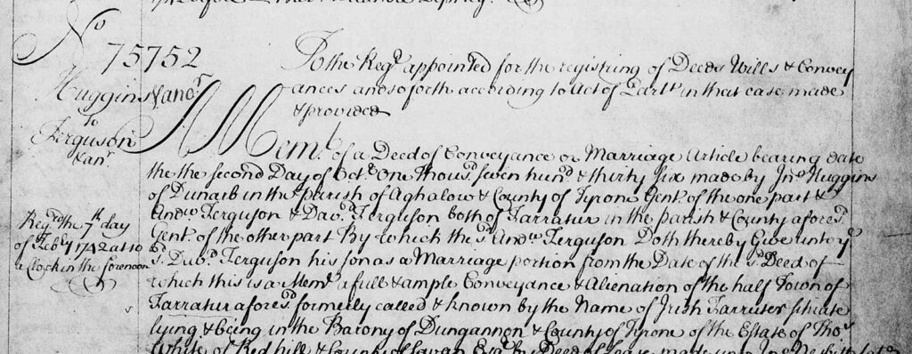 Memorial no. 75752 (volume 109, page 245), John Huggins to Andrew and David Ferguson, executing a marriage settlement for David Ferguson and Margaret Huggins (partial image).