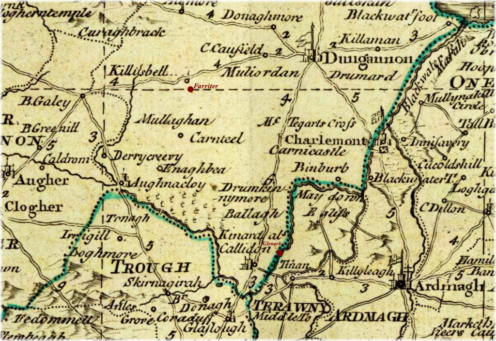Ferguson of Farriter in the parish of Killeeshil, county Tyrone page, displaying the location of Farriter townland in relatiion to Glenarb townland and other towns in south Tyrone.