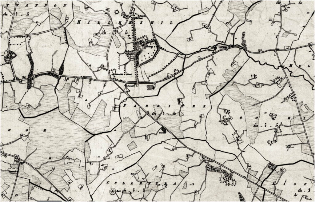 Page entitled, "A brief window into the Ferguson family of Farriter townland, 1729–1775," displaying a map of Farriter townland with Killeeshil and Cullentra townlands lying north and south, respectively, of Farriter.