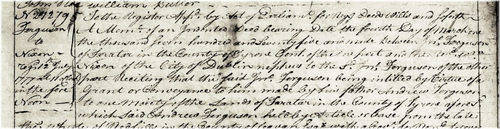 Top portion of memorial no. 212795 (volume 325, page 49), John Ferguson (the elder) assignment to Nixon, 4th March 1775.