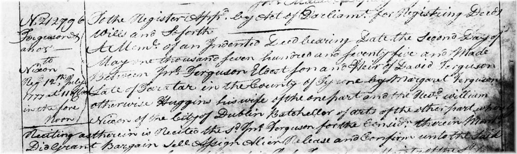 Top portion of Memorial no. 212796 (v.325, p.49) : John Ferguson (the younger) to Wm. Nixon, assignment, dated 2nd May 1775.