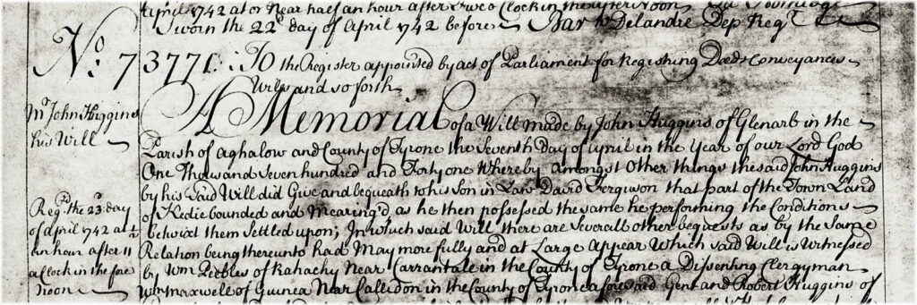Top portion of Memorial no. 73771 (v.106, p.283) : Huggins to Ferguson, Will, 7th April 1741.