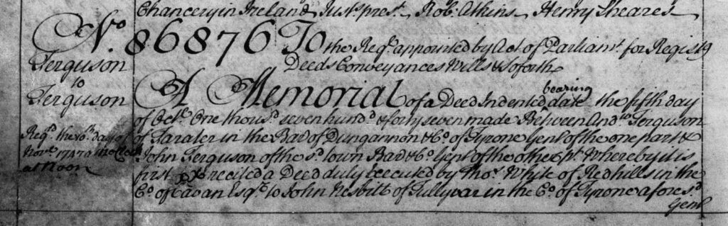 Memorial no. 86876, volume 129, page 230, Ferguson assignment to Ferguson, 5th October 1747, image of part of memorial.