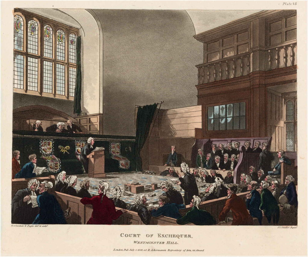 To illustrate litigious behaviour of David Ferguson of Irish Farriter & Kedew, a print of the Court of Exchequer at Westminster (London), from Ackermann's Microcosm of London, published 1808.
