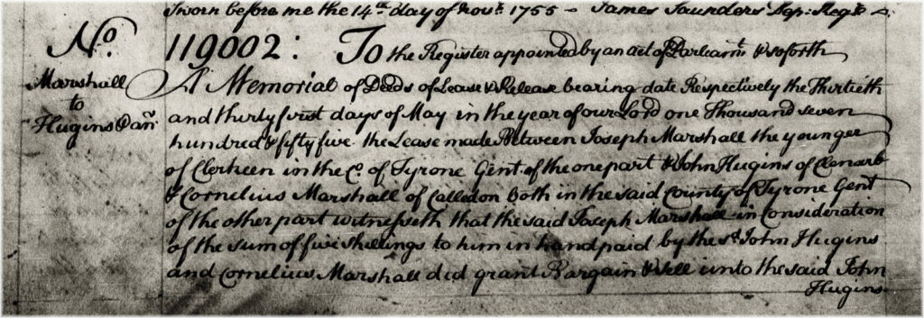 Memorial no. 119002 (volume 180, page 10): Marshall to Huggins & Marshall, marriage settlement, 30th & 31st May 1755.