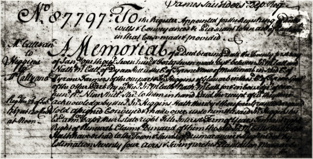 Opening section of memorial no. 87797 (volume 128, page 511), McCall to Huggins & McCall.